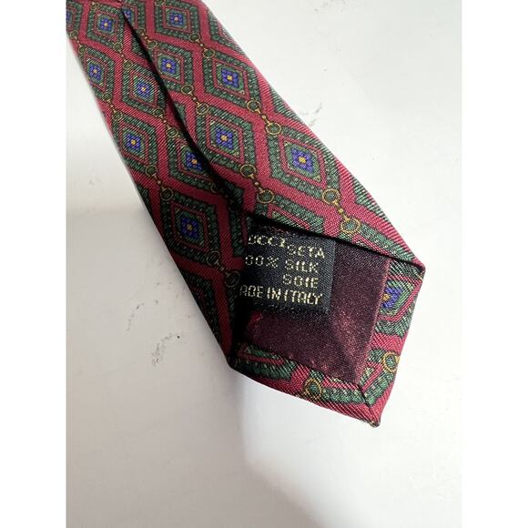Gucci EUC Red Silk Diamond Print Horse Bit Chain Link Neckwear Tie Made in Italy - Picture 6 of 7